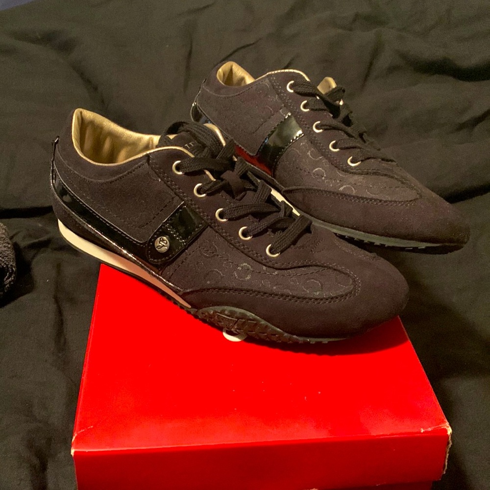 GUESS, NWOT, in box, black and gold sneakers